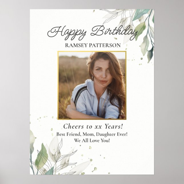 Birthday Party Photo Pretty Botanical Any Age Poster (Front)