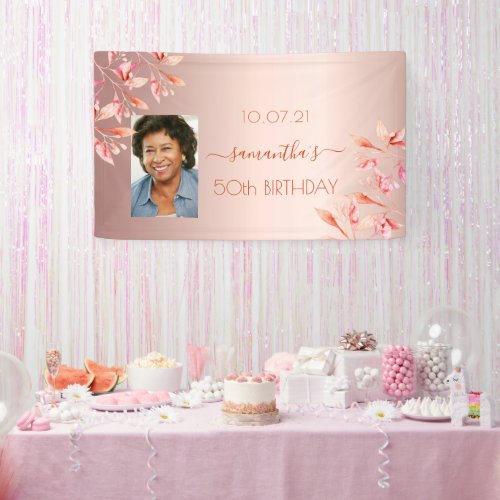 Birthday party photo rose gold blush florals banner