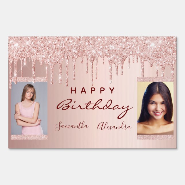 Birthday party photo rose gold glitter friends sign (Front)