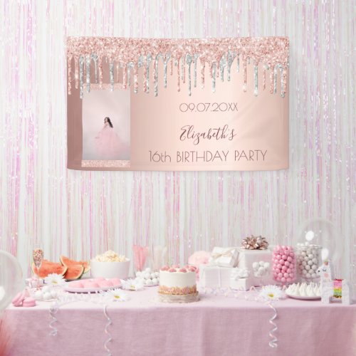 Birthday party photo rose gold glitter pink silver banner