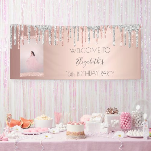 Birthday party photo rose gold glitter pink silver banner