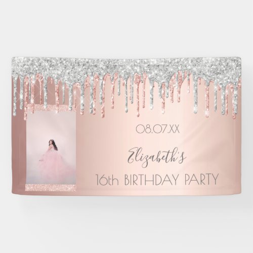 Birthday party photo rose gold glitter pink silver banner