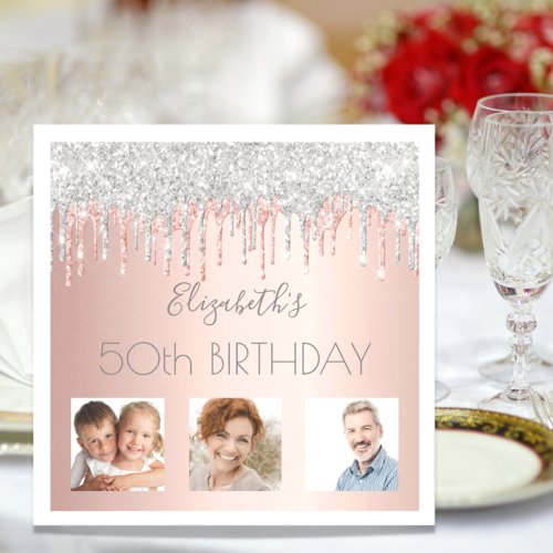 Birthday party photo rose gold glitter pink silver napkins
