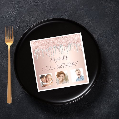Birthday party photo rose gold glitter pink silver napkins