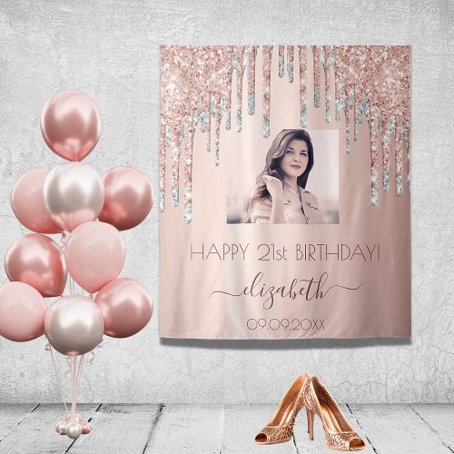 Birthday party photo rose gold glitter pink silver tapestry