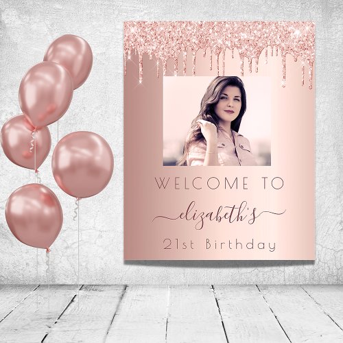 Birthday party photo rose gold glitter welcome poster
