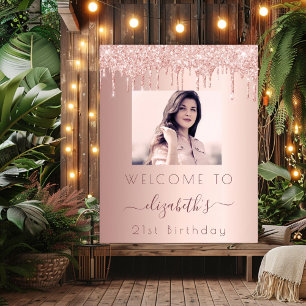 Birthday party photo rose gold glitter welcome poster