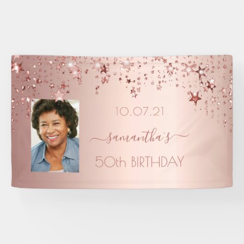 Birthday party photo rose gold pink glittery stars banner