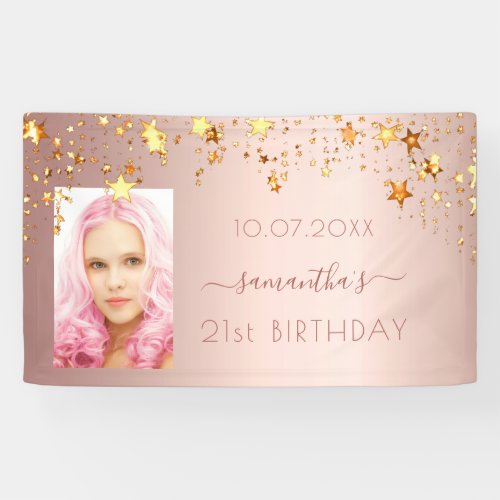 Birthday party photo rose gold pink glittery stars banner