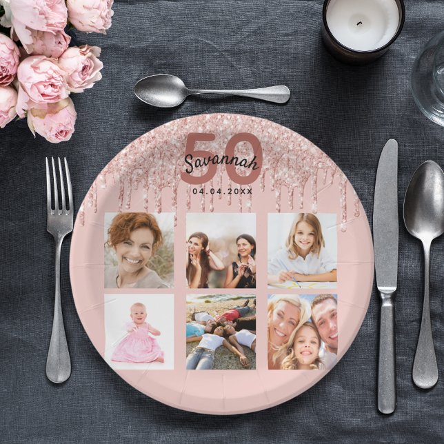 Birthday party photo rose gold pink paper plates (Creator Uploaded)