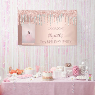 Birthday party photo rose gold pink silver drips banner