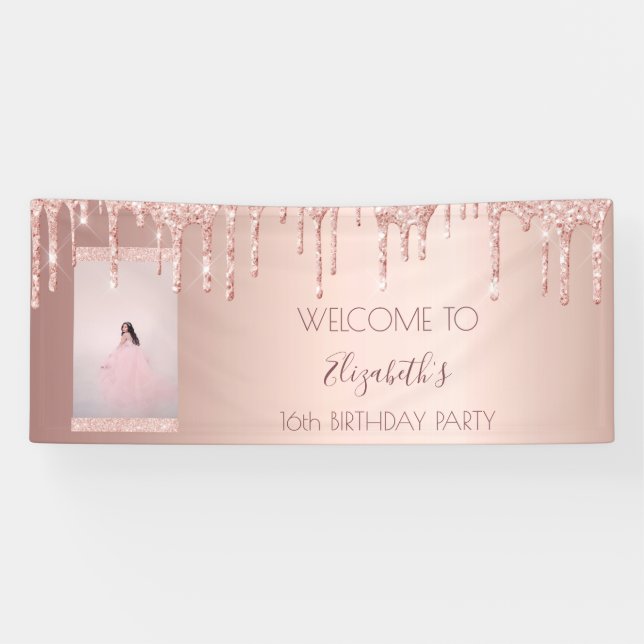 Birthday party photo rose gold welcome banner (Horizontal)