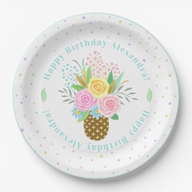 Birthday Party Pineapple Roses Bouquet Pink Cute Paper Plates (Front)