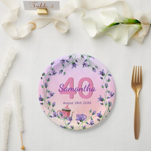 Birthday party pink bluebells flowers tea party paper plates