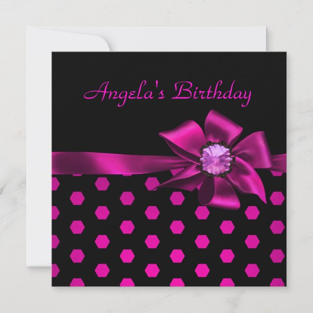 Birthday Party Pink Bow Black Pink Spot Invitation (Front)