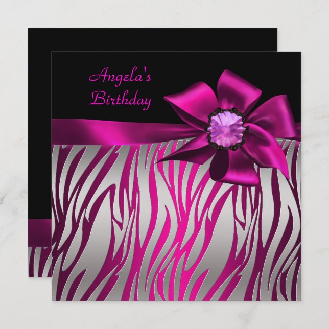 Birthday Party Pink Bow Black Pink Zebra Silver Invitation (Front/Back)