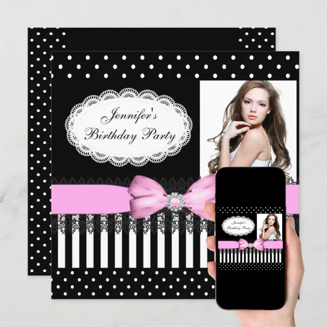 Birthday Party Pink Bow Black White Polka Dots Invitation | Zazzle