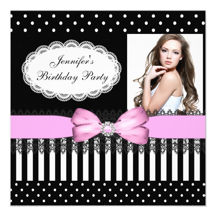 Birthday Party Pink Bow Black White Polka Dots Custom Invitations