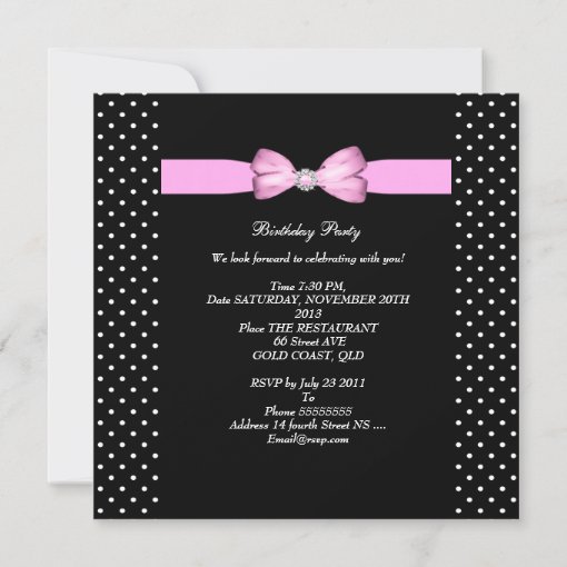 Birthday Party Pink Bow Black White Polka Dots Invitation | Zazzle