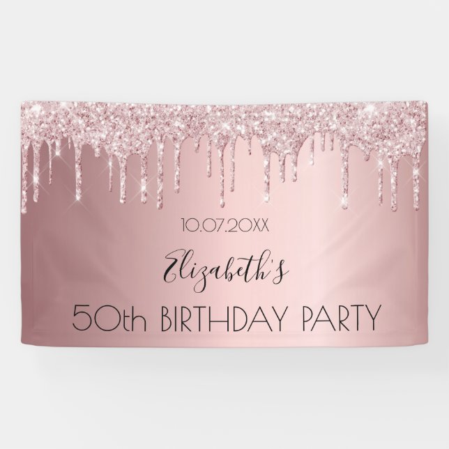 Birthday party pink dusty rose glitter luxury banner (Horizontal)