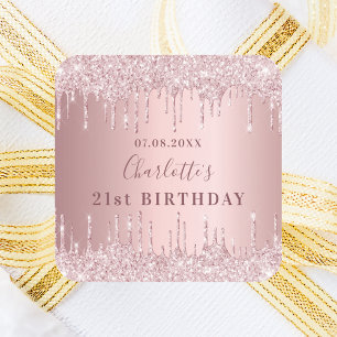 Birthday party pink dusty rose glitter monogram square sticker