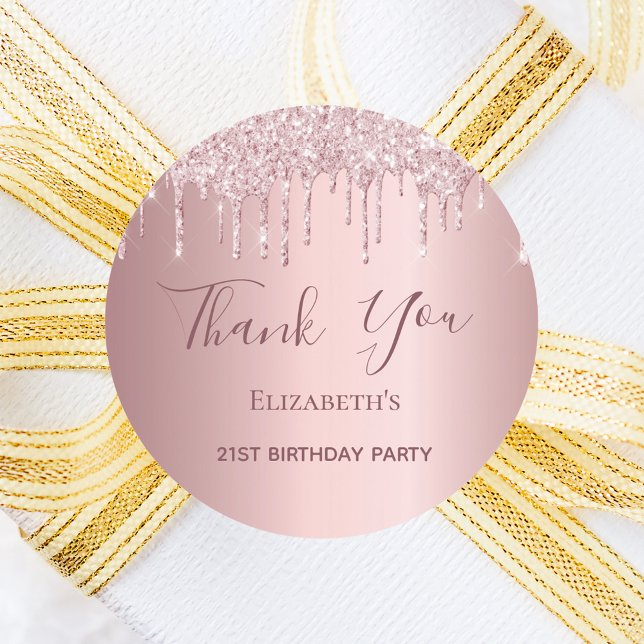 Birthday Party pink dusty rose glitter Thank You Classic Round Sticker (Creator Uploaded)