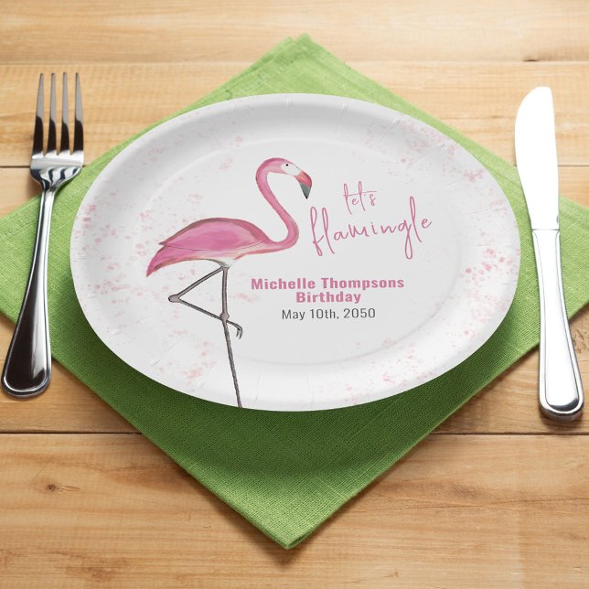 Birthday Party Pink Flamingo Custom Paper Plates (Birthday pink flamingo Paper  plate with watercolor tropical artwork.)