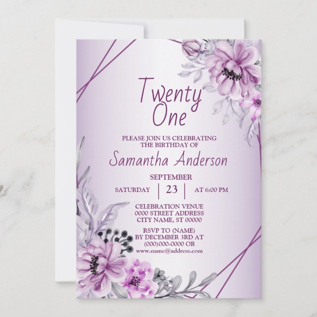 Birthday Party Pink Floral Violet Purple Frame Invitation (Front)