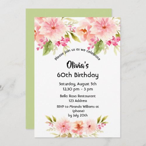 Birthday party pink florals green invitation