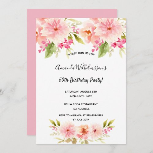 Birthday party pink florals pastel invitation