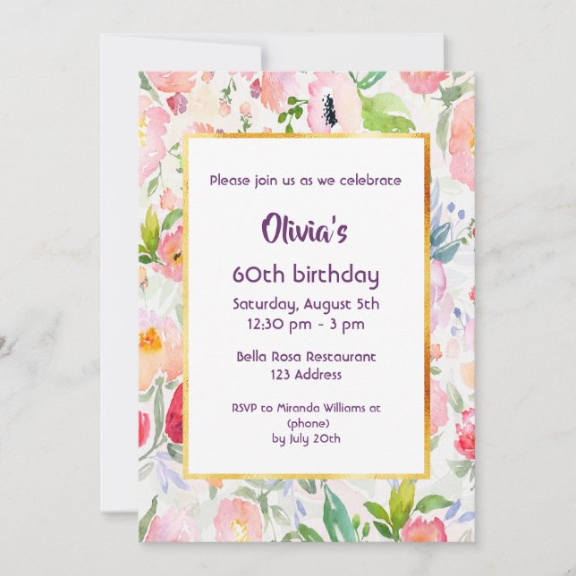 Birthday party pink florals white invitation (Front)