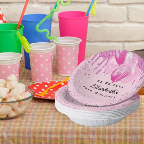 Birthday party pink glitter balloons girl  paper bowls