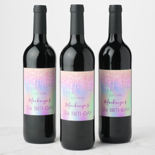 Birthday party pink glitter drips holographic name wine label