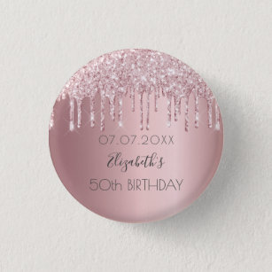 Birthday party pink glitter drips name button
