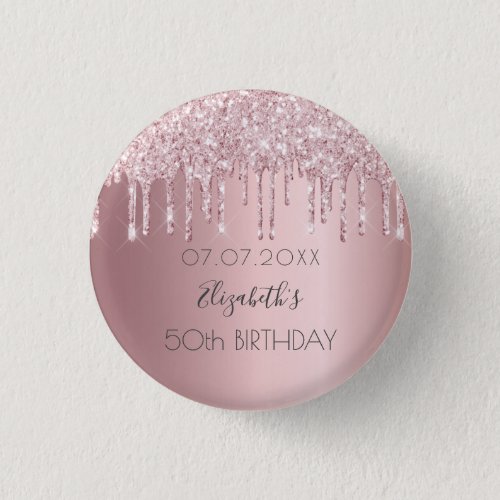 Birthday party pink glitter drips name button