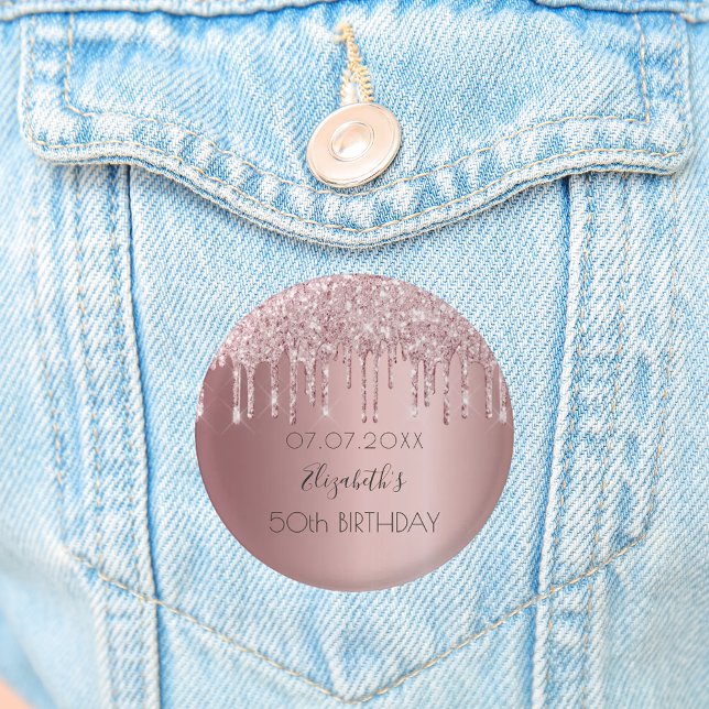 Birthday party pink glitter drips name button (Creator Uploaded)