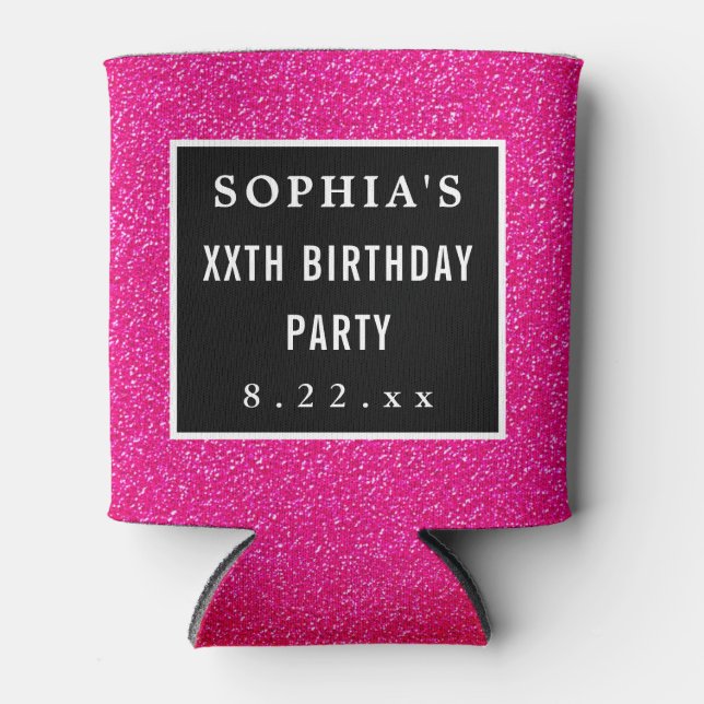 Birthday Party Pink Glitter Modern Typography Can Cooler (Front)