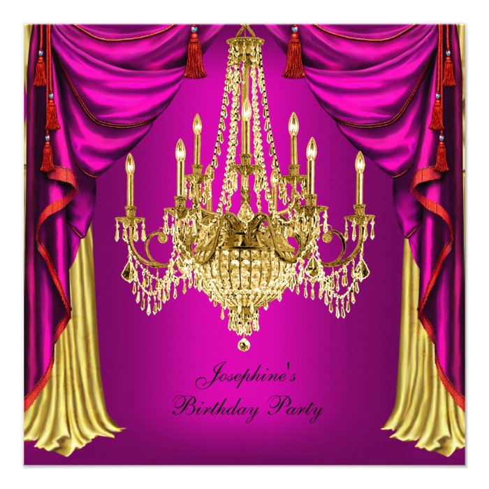 Birthday Party Pink Gold Chandelier Drapes Custom Invitations