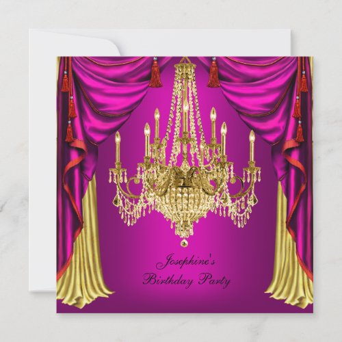 Birthday Party Pink Gold Chandelier Drapes Invitation