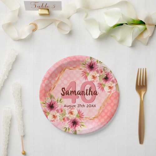 Birthday party pink gold geometric floral  paper plates