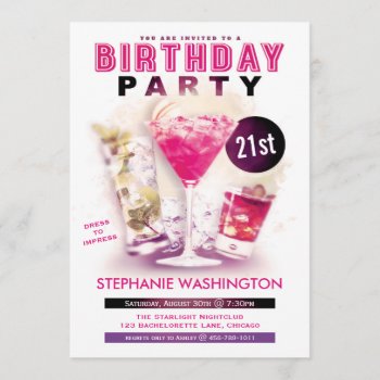 Birthday Party Pink Martini And Cocktails Invitation by GroovyGraphics at Zazzle