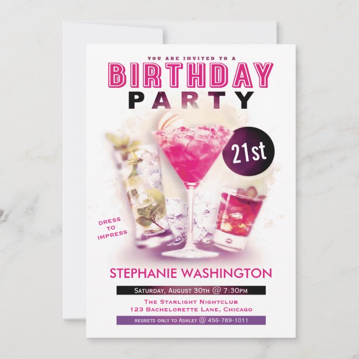 Birthday Party Pink Martini And Cocktails Invitation | Zazzle