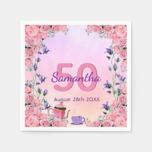 Birthday party pink purple floral tea party napkins