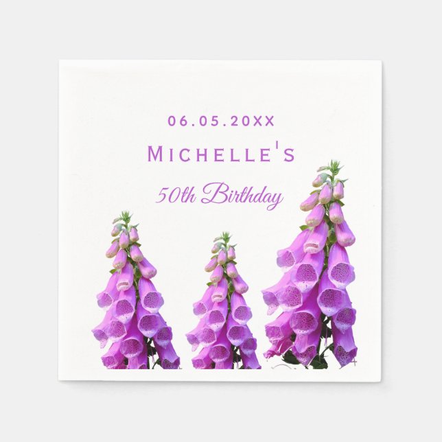 Birthday party pink purple floral white name napkins (Front)