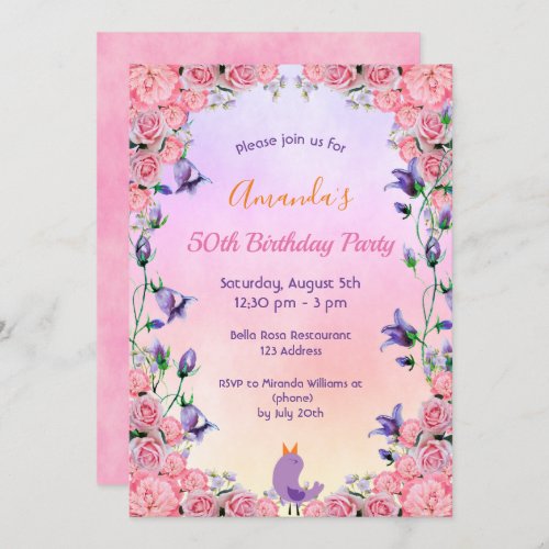 Birthday party pink purple florals bluebells invitation