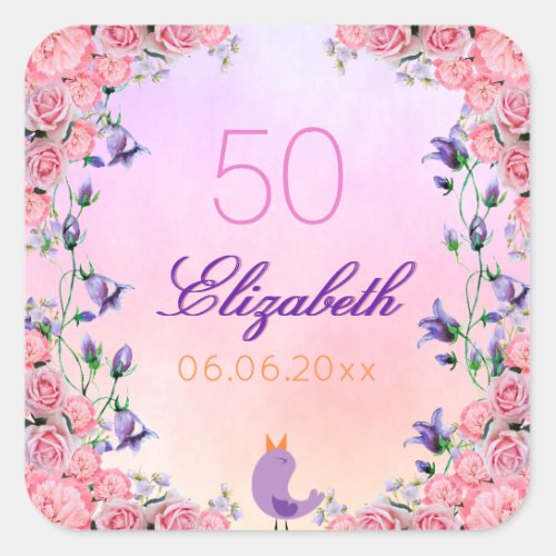 Birthday party pink purple florals cute square sticker