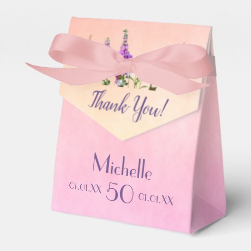 Birthday party pink purple flowers name favor boxes