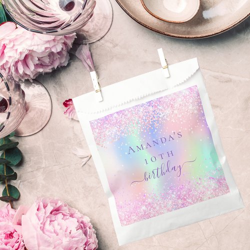 Birthday party pink purple glitter holographic favor bag