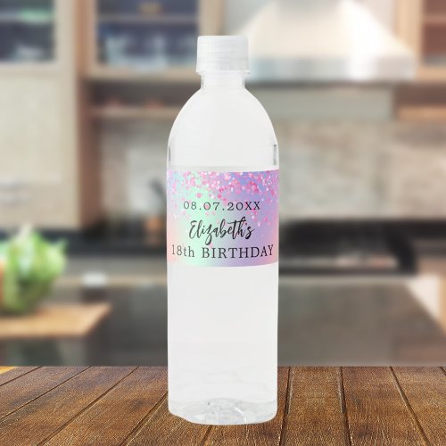Birthday party pink purple glitter holographic water bottle label