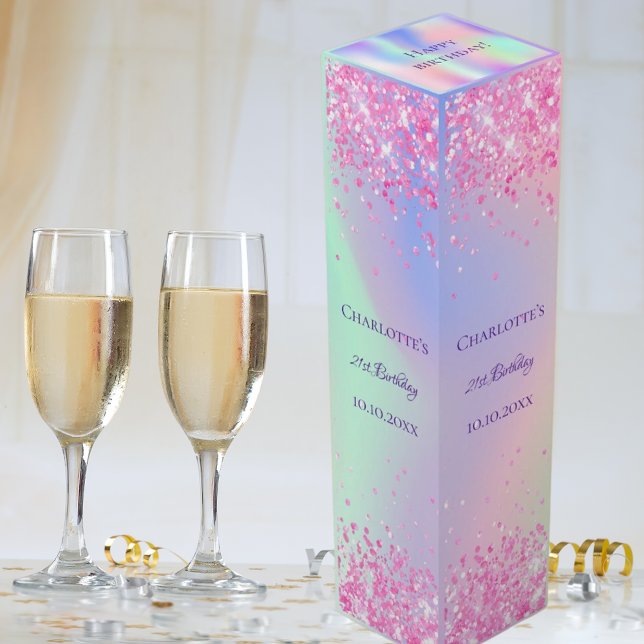 Birthday party pink purple glitter holographic wine box (Creator Uploaded)